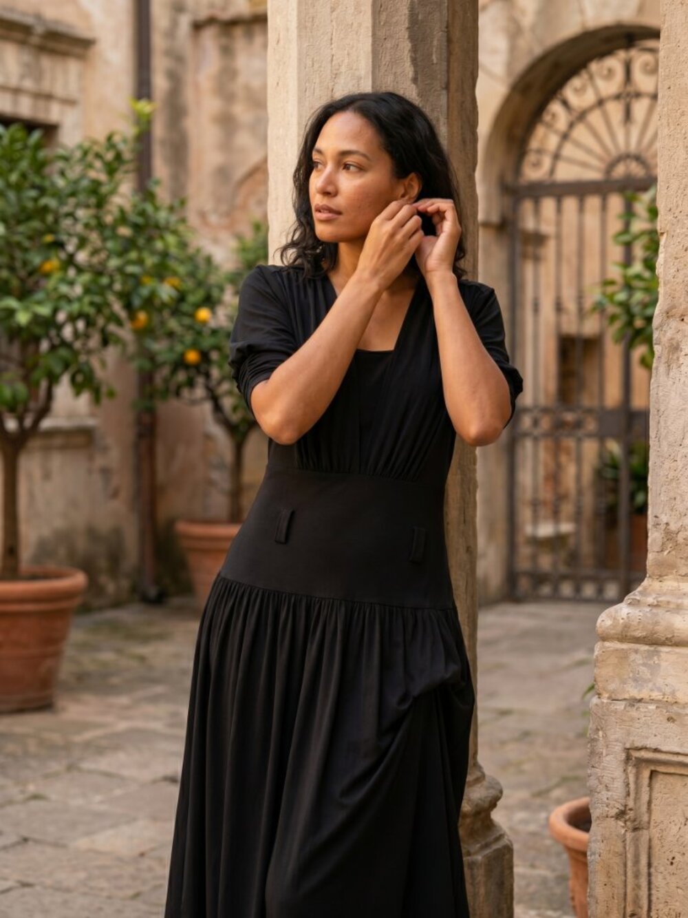 * Marc Bouwer Black Pleated Midi‎ Dress Women's Size Small Long Sleeves Knit